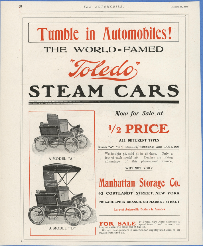 Toledo Steam Carriage, Manhattan Storage Company, The Automobile Magazine, January 22, 1904, p. 88, Conde Collection